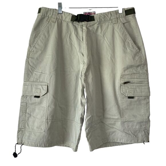 Santana Mens Cargo Shorts Khaki Size‎ 38 Green Cotton High Rise Strap - Picture 1 of 13